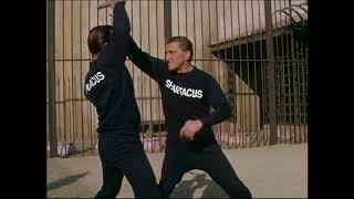 Kirk Douglas and Woody Strode training for the fight scene in Spartacus