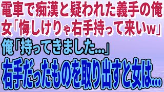 【スカッとする話】電車で痴●と疑われた義手の俺に女「痴漢！義手だからなんだ！悔しけりゃ右手持って来いｗ」俺「持ってきました…」取り出した右手だったものを見て女は…【修羅場】