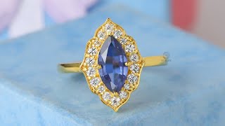 1.30 CT Blue Sapphire Marquise Gemstone Ring / Halo Engagement 14K Solid Yellow Gold Ring