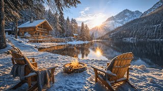 Relaxing Morning Winter Ambience by the Lake: Water, Crackling Fire, Nature Sounds for Study \u0026 Sleep