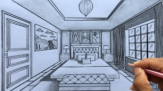 How to Draw a Bedroom using 1-Point Perspective Step-by-step