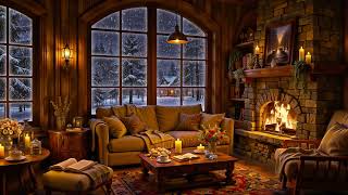 Winter Night in Cozy Cabin Ambience ❄️ Soft Jazz, White Noise \u0026 Fireplace Sounds for Sleep, Relax