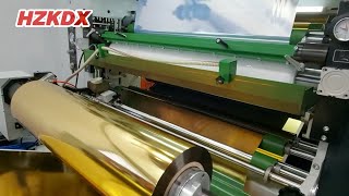 Gold PET film lamination in Drupa. #laminating metalized polyester Italian hot knife plastificatrice