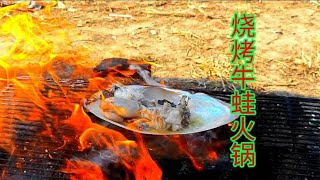 水坑里抓了2只牛蛙，放蚌壳里煮火锅吃，酸辣鲜美回味无穷啊