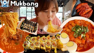 스쿨푸드 먹방 (스팸계란마리, 길거리떡볶이, 장아찌 찌개라면) Mukbang