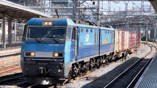 【コンテナ満載！ジョイント音最高！】JR貨物EH200形21号機＋コキ13B（両）が大宮駅10番線を通過するシーン（6083レ・高A221・コンテナ輸送）2024.5.9