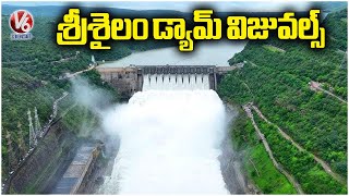 Srisailam Dam 10 Gates Opened Due to Heavy Inflow | Beautiful Visuals Of Srisailam Project | V6 News