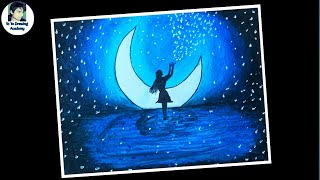 Easy Oil Pastel Drawing for Beginners - A Girl in Moonlight - Step by Step #Shorts