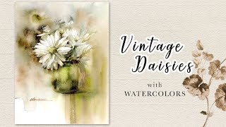 Vintage Daisies In A Vase Watercolor Painting