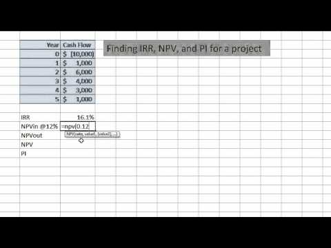 IRR, NPV, and PI for a project in Excel IRR, NPV, and PI for a project in Excel