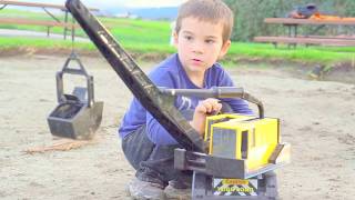 Construction for Kids: Toy Trucks Playing Digging in Mud: Bruder JCB Backhoe, Tonka Dump Bulldozer