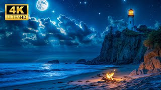 Peaceful Night Beach by the Lighthouse 4k - Ocean \u0026 Fire Sounds Fall Asleep In Under 3 Minutes