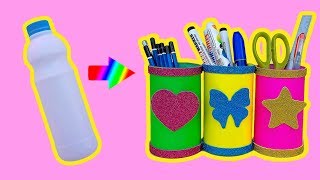 How To Make Plastic Bottle Pen Stand | DIY Pen Pencil Holder | 5-Minute Crafts Recycle