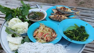 กินข้าวเที่ยงปี้งปลาทูกับส้มตำแช่บๆอยู่ข้างเถียงนาน้อย...