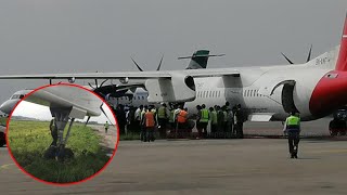 श्री एयरलाइन्सको जहाज ट्याक्सी वे छाडेर घाँसे मैदानतिर मोडिएपछि | Plane