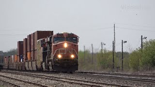 Intermodal through Paris, Ontario, Canada. CN locomotives 2254, 2332 plus inspection car. Eastbound.