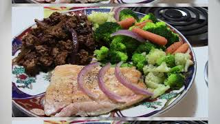 Rest Day Meal: Ground Sirloin, Salmon and Steamed Veggies.