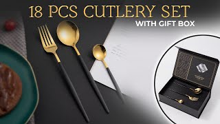 HOKIPO Gold Cutlery Stainless Steel Flatware Set, Mirror Finish with Gift Box (AR-4747-GLD)