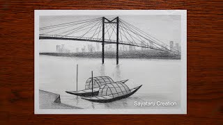 How to Draw a Scenery of Bridge Over the River - Pencil Drawing for Beginners