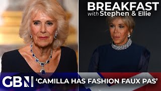 Queen Camilla has 'fashion FAUX PAS' as she clashes with Brigitte Macron in  navy dress