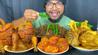 SPICY 2 FULL CHICKEN CURRY, EGG CURRY, BONE MASALA CURRY AND MUTTON BOTI WITH RICE MUKBANG EATING