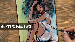 AFRO GIRL SITTING -ACRYLIC PAINTING TUTORIAL for Beginners (easy painting) Step by Step | VERED