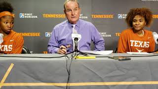 Texas Coach Vic Schaefer, Aliyah Matharu and Rori Harmon post-game vs. Tennessee