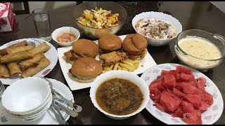 3rd roza sehri to iftari vlog || chicken zinger burgers, chowmein recipe, dahi bharay, spring rolls