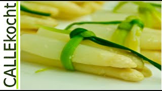 Frischer Spargel kochen und als Bündchen binden und servieren - Super schön, lecker und praktisch