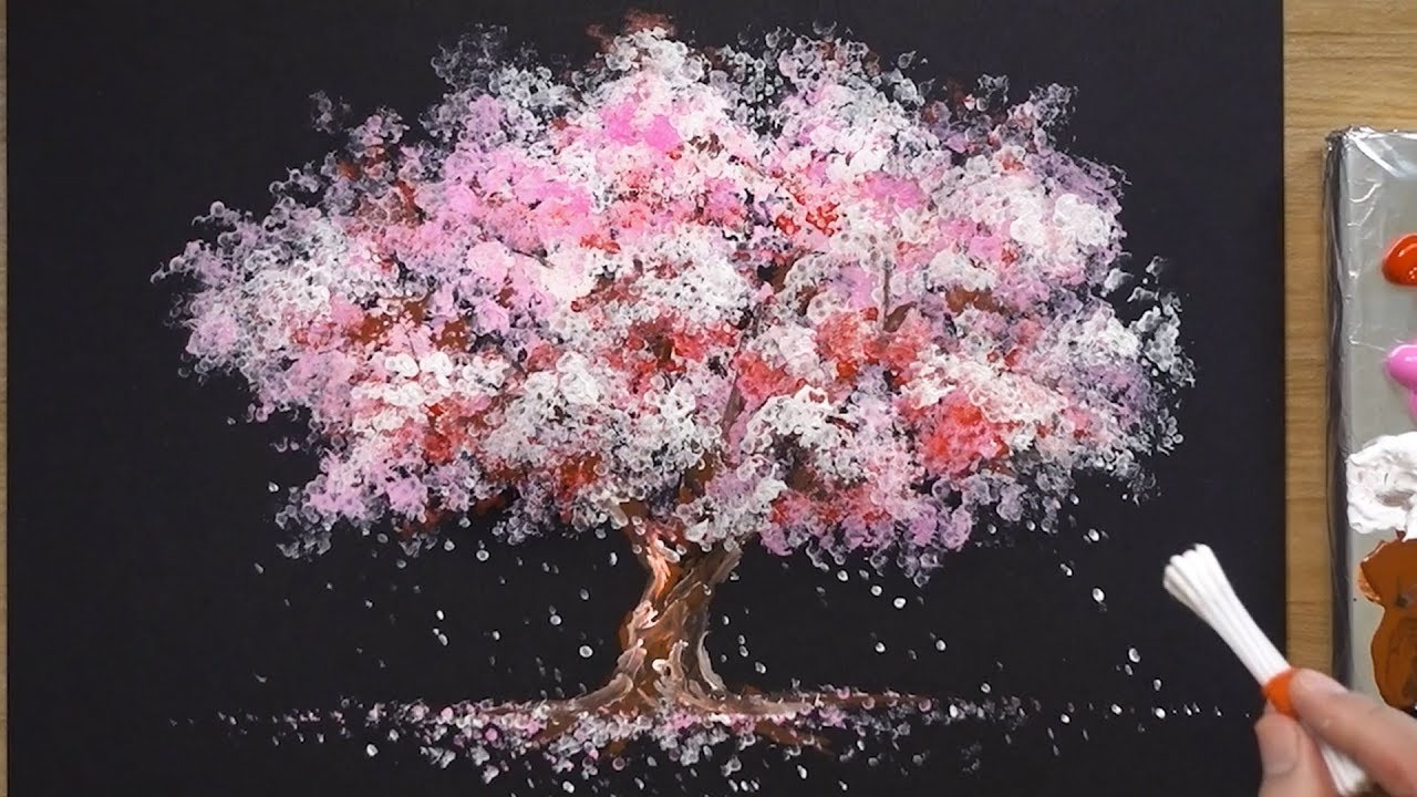 How To Paint A Cherry Tree In Acrylic - Sakura Q-tip Painting ...