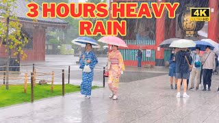 【4k 】 3 hours Heavy Rain Walk in Asakusa（浅草）Tokyo Japan |  Relaxing Natural Rain sounds