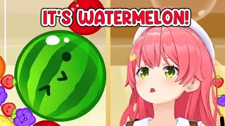 Miko scores a watermelon in her first attempt at the Watermelon Game