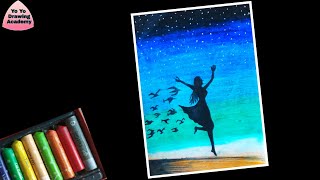 How to Draw a Girl with Beautiful Landscape - Drawing for Beginners / Oil Pastel Drawing