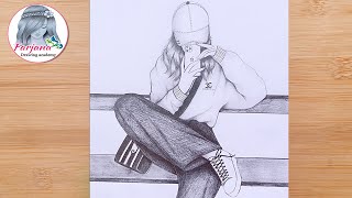 A girl is taking a selfie while sitting on a bench || How to draw girl with iPhone 13 Pro Max