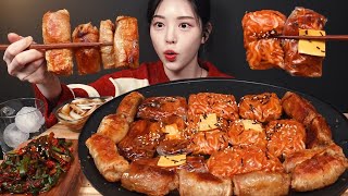 SUB)Spicy Buldak Wrap with Crispy Grilled Beef Intestine Enoki Mushroom Wrap Mukbang Asmr