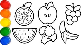Different Types Of Fruits Drawing For Kids | 5 Types Of Fruits Coloring, Painting🍇🍎🥝🍓🍉🥑🍐🍍🍊🍋🍈