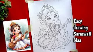 maa saraswati drawing easy | cute maa saraswati drawing easy step by step | Saraswati mata drawing