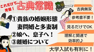 【源氏物語で古典常識009(常識編05)】①貴族の結婚形態（妻問婚・婿入婚・一夫多妻制など）②娘へ・息子へ③離婚について　【げんぱた】【bisagataisa9】光る君へ2024大河　テスト・問題付き