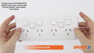 Clipsal Iconic 3015-4XXUAVW | Quad Power Point 10amp 250v 2x'UNLOADED' extra switch Vivid White