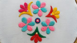 Herringbone Stitch Flower Embroidery Design | Easy Colorful Herringbone Stitch Flower Design