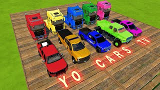 TRANSPORTING CARS GAME FIVE COLORS PICKUP TRUCK WITH MAN TRUCKS - Farming Simulator 22