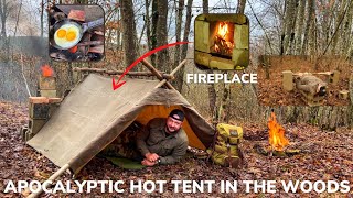 Solo Overnight Building a Post-Apocalyptic Hot Tent with a Fireplace and Bacon Ribeye Potato Skillet