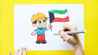 How to draw Kuwait National Day - boy with flag