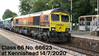 Class 66 No. 66623 at Kennishead with Class 334 set 334117 and barrier wagons 14/7/2020