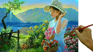 Acrylic Landscape Painting in Time-lapse / Lady with Basket of Flowers in Garden / JMLisondra