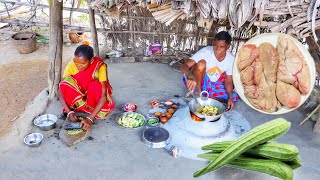 RIDGE GOURD \u0026 FISH EGG CURRY cooking and eating by santali tribe old couple