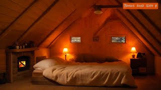 Snowy night in cozy loft cabin, warm fireplace burning, wind and snow howling outside the window p42