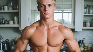 18 years old teen boy flexing muscle