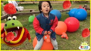 Kids Strawberry Picking at the Farm! Family Fun Kids Play Area with Giant Slides Children Activities