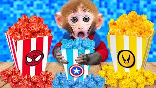 Cute Baby Monkey Bi Bon Making Colorful Popcorn and naughty in the garden with puppy and duckling